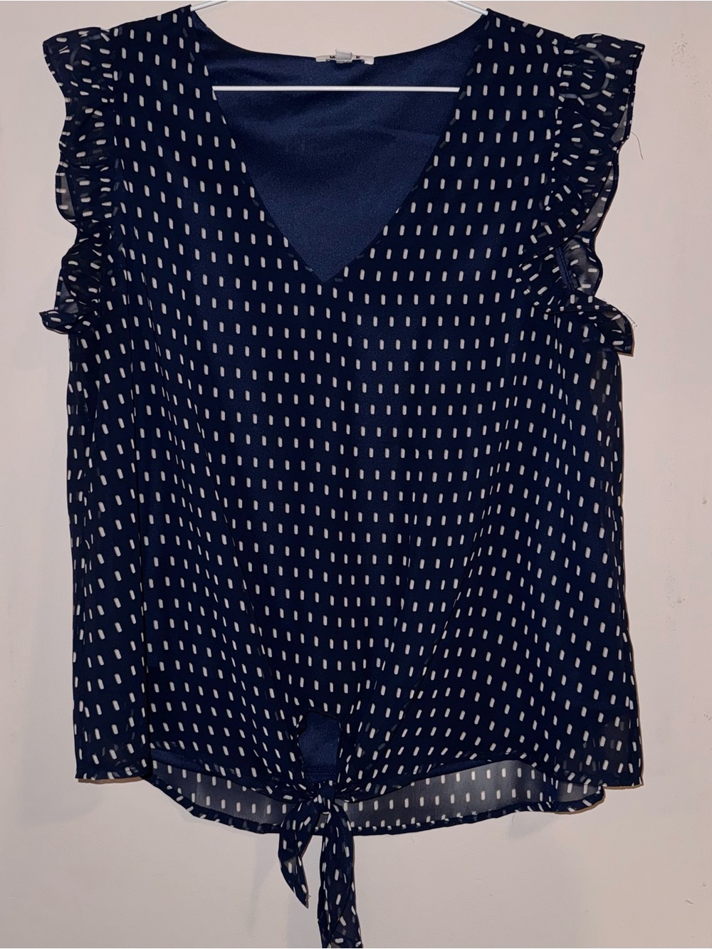 Sleeveless Navy Dot Tie-Front Camisole with Ruffle Shoulders